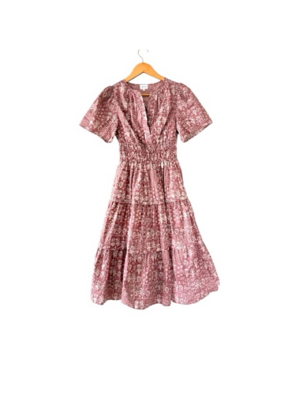 Aureum tiered Smocked Waist Pink Floral Midi Dress - Picture 5 of 5